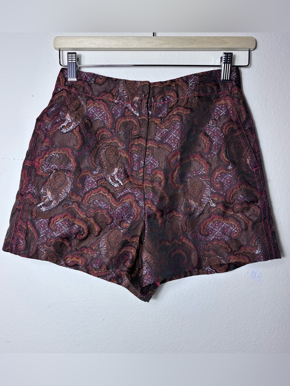 Sandro Paris Tiger Jacquard High Waist Shorts Size 36 Brown Red Asian